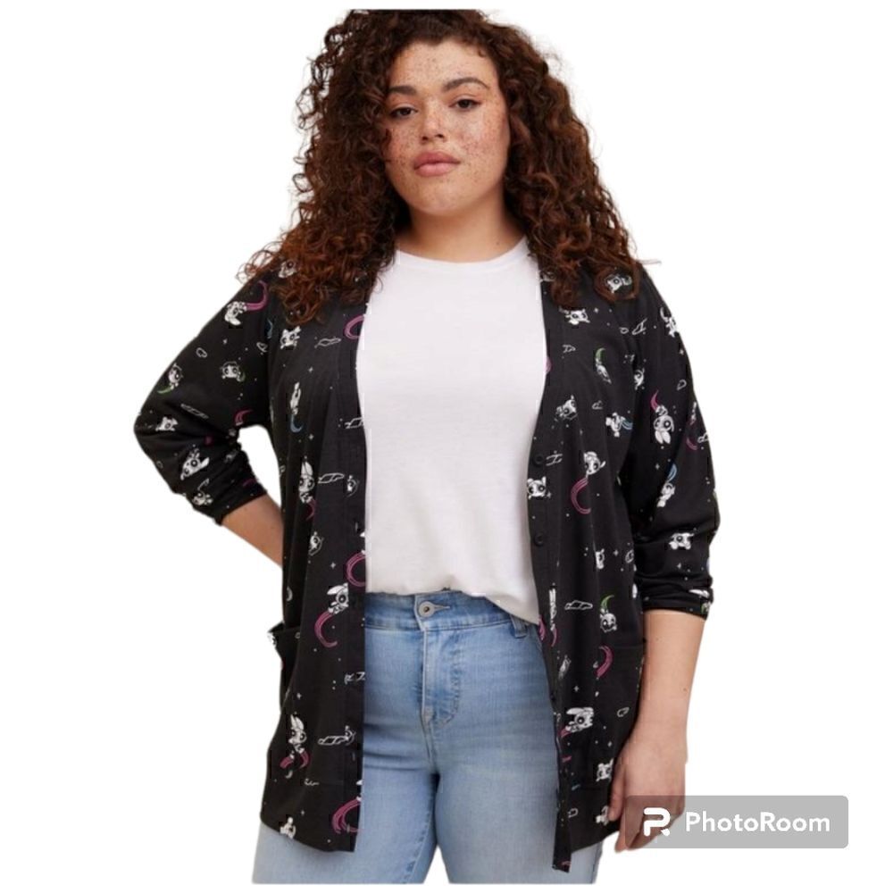 2X 18W 20W Torrid Black Powerpuff Girls Jersey Knit Cardigan Sweater Bubbles